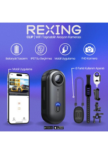 Clip Wifi Aksiyon Kamerası Fhd Giyilebilir Aksiyon Kamera | Mobil Uygulama| 6 Farklı Aparat | Su Geçirmez