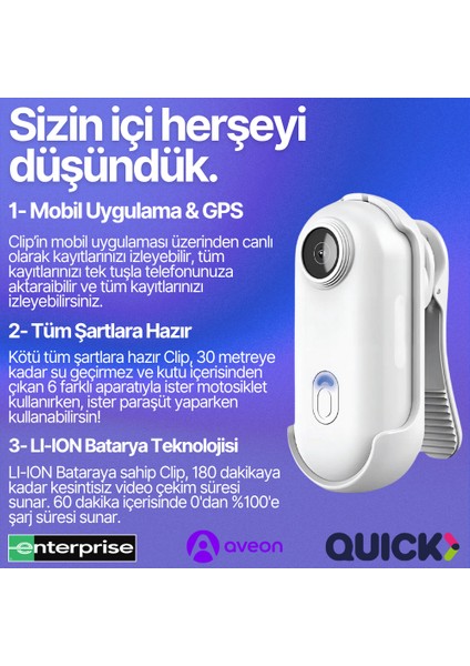 Clip Wifi Aksiyon Kamerası Fhd Giyilebilir Aksiyon Kamera | Mobil Uygulama| 6 Farklı Aparat | Su Geçirmez modelleri