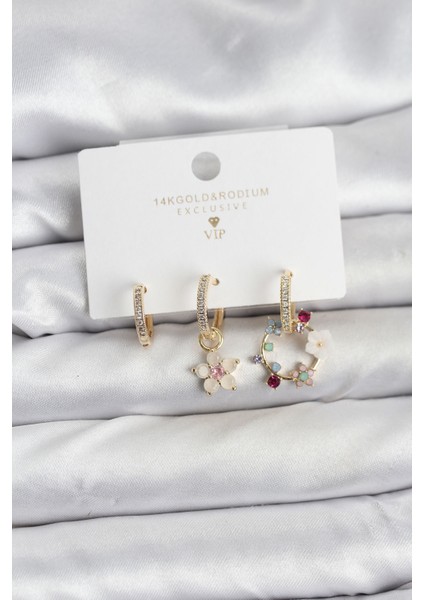 Çiçek Model Gold Renk Pirinç 3'lü Kadın Küpe Seti - TJ-BKP11453