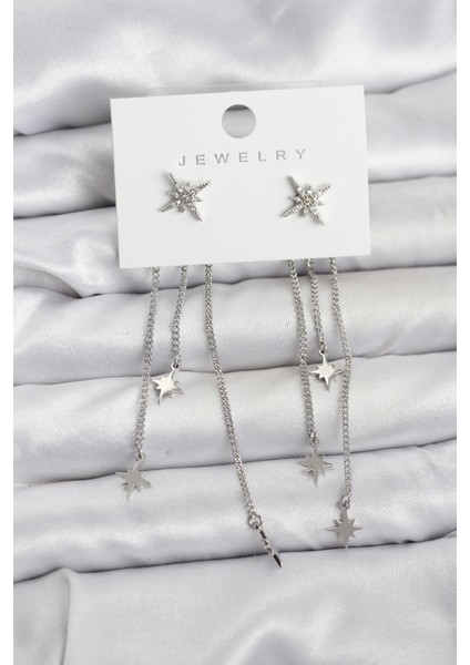 Kutup Yıldızı Model Gümüş Renk Pirinç Sallantılı Kadın Küpe - TJ-BKP11458