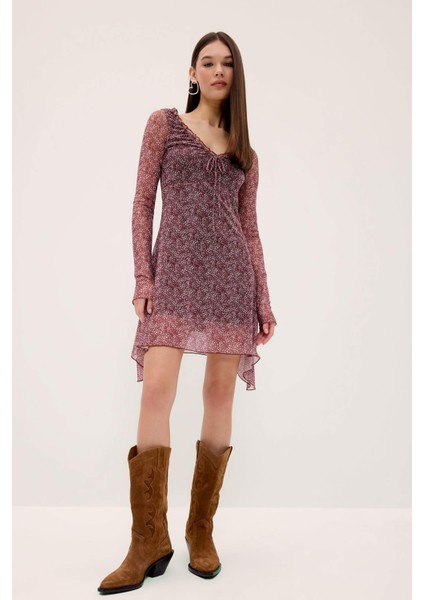 V Yaka Çiçekli Tül Uzun Kollu Mini ELBISE F3464AX25SP