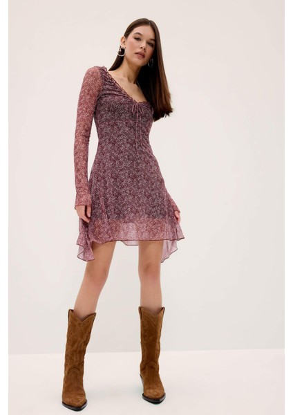 V Yaka Çiçekli Tül Uzun Kollu Mini ELBISE F3464AX25SP fiyatları