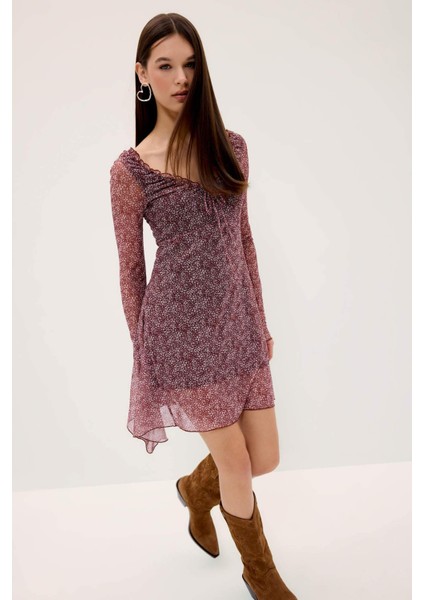 V Yaka Çiçekli Tül Uzun Kollu Mini ELBISE F3464AX25SP fırsatları