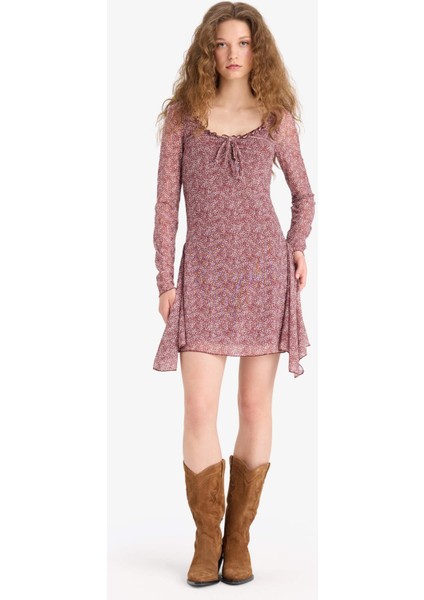 V Yaka Çiçekli Tül Uzun Kollu Mini ELBISE F3464AX25SP indirimleri