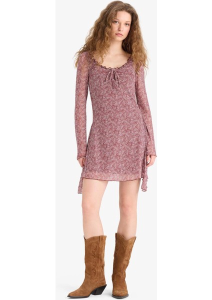 V Yaka Çiçekli Tül Uzun Kollu Mini ELBISE F3464AX25SP