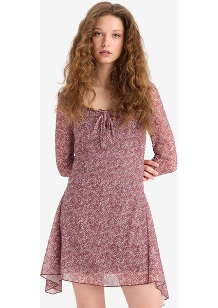 V Yaka Çiçekli Tül Uzun Kollu Mini ELBISE F3464AX25SP