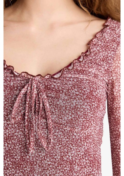 V Yaka Çiçekli Tül Uzun Kollu Mini ELBISE F3464AX25SP