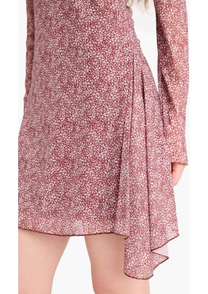 V Yaka Çiçekli Tül Uzun Kollu Mini ELBISE F3464AX25SP