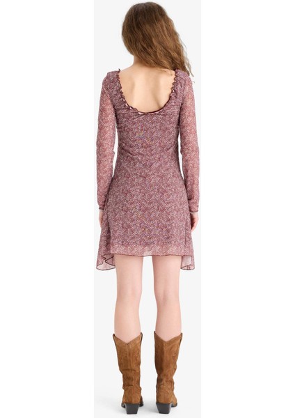 V Yaka Çiçekli Tül Uzun Kollu Mini ELBISE F3464AX25SP