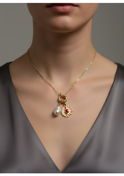 Incili Ay Güneş Kolye