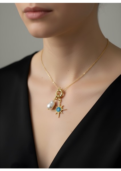 Incili Mavi Mineli Kutup Yıldızı Kolye