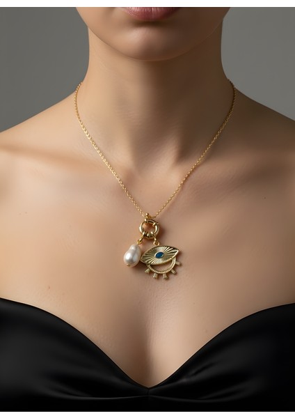 Incili Mavi Mineli Göz Güneş Kolye