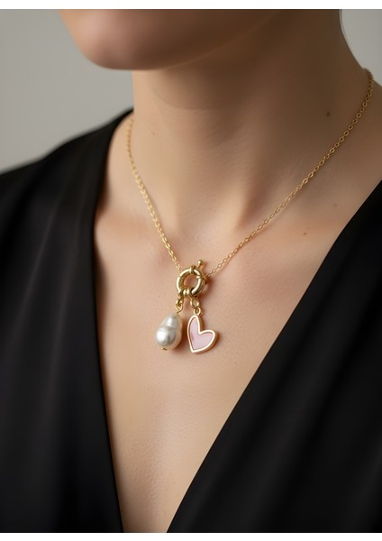 Incili Pembe Kalp Kolye