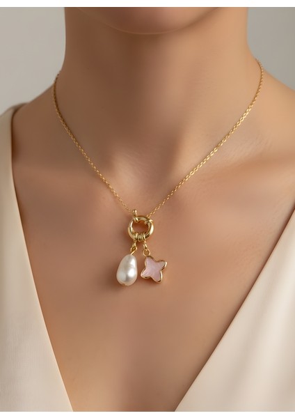 Incili Pembe Taş Detaylı Yıldız Kolye