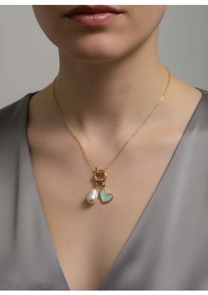 Incili Mavi Kalp Kolye