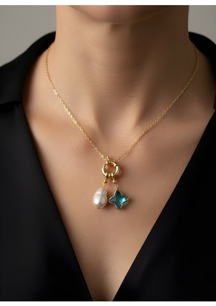 Incili Su Yeşili Taş Detaylı Yıldız Kolye