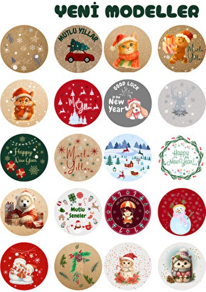 20 Adet 4 cm Yılbaşı Temalı Yapışkanlı Sticker Hediye Paketi Etiketi