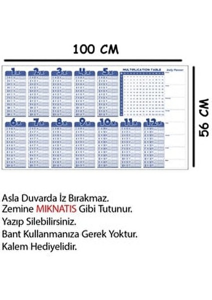 Kağıt Çarpım Tablosu Akıllı Yazı Tahtası 100x56 cm 1 Kalem ile İngilizce Renkli