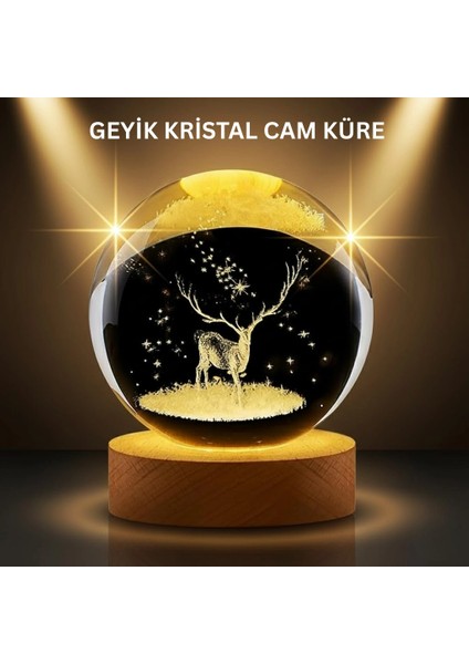 Bfs LED Işıklı Geyikli Kristal Küre Ahşap Standlı Modern Dekor Lamba