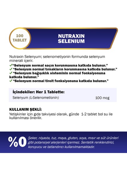 Selenyum Takviye Tableti - 100 Adet, L-Selenometionin Formunda, Şeker ve Gluten İçermez, Türkiye Menşeli fiyatları