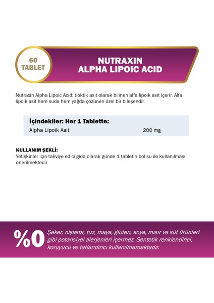 Alpha Lipoic Acid 200mg Takviye Edici Gıda 60 Tablet fiyatları