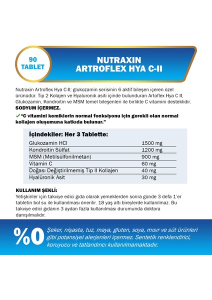 Artroflex HYA-C-II 90 Tablet–Tip II Kolajen, Glukozamin, MSM, Hyaluronik Asit Eklem Destek Takviyesi fiyatları