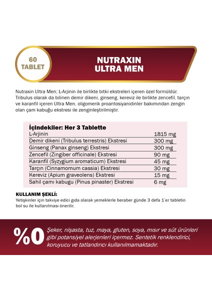 Ultra Men 60 Tablet - L-Arjinin, Ginseng, Zencefil, Demir dikeni, Tarçın fiyatları
