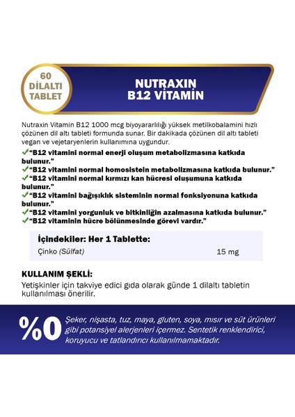 B12 Vitamini 1.000 mcg Kiraz Aromalı 60 Dil Altı Tablet - Metilkobalamin fiyatları
