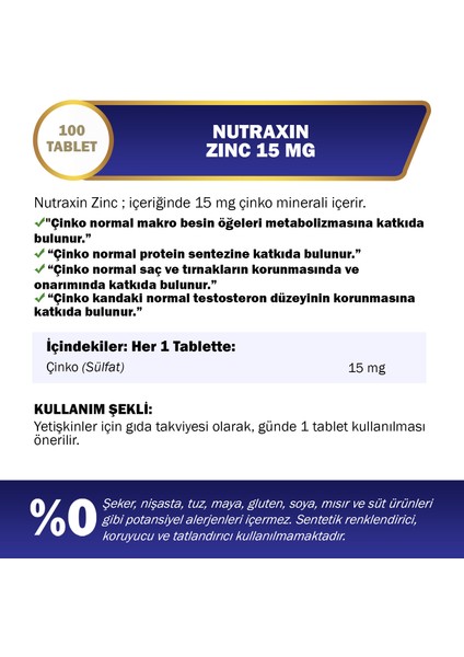 Zinc Sulphate 15 mg | Çinko Takviyesi | 100 Tablet | Bağışıklık ve Hücre Sağlığı İçin fiyatları