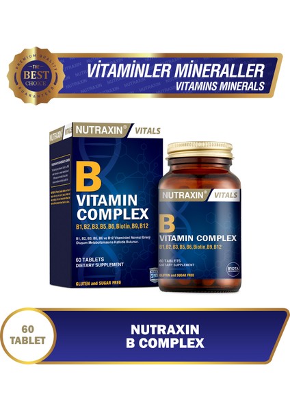 B Complex Vitamin 60 Tablet - B1, B2, B3, B5, B6, B12, Folik Asit, Biotin, Kolin, İnositol modelleri
