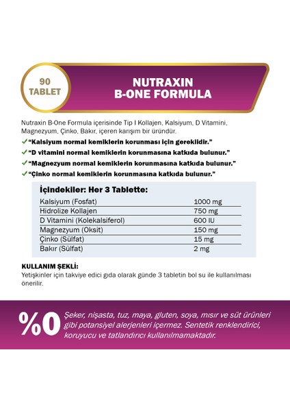 B-One Formül Tip I: 90 Tablet İçeren Kollajen, Kalsiyum, Magnezyum, Çinko, Bakır ve D Vitamini Takviyesi fiyatları