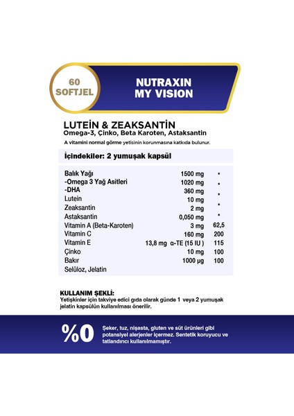 My Vision Eyes Vitamin 60 Soft Jel - Lutein, Zeaxanthin, Omega3, Çinko, Astaksantin, Beta Karoten fiyatları
