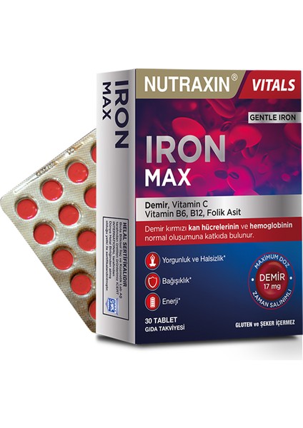 Iron Max 17 Mg 30 Tablet - Gentle Iron, Vitamin C, B12, B6, Folik Asit