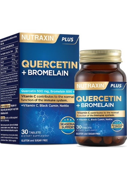 Quercetin + Bromelain Takviye Edici Gıda - 30 Tablet, Vitamin C, Çörek Otu ve Isırgan Otu İçerir, Türkiye Menşeli
