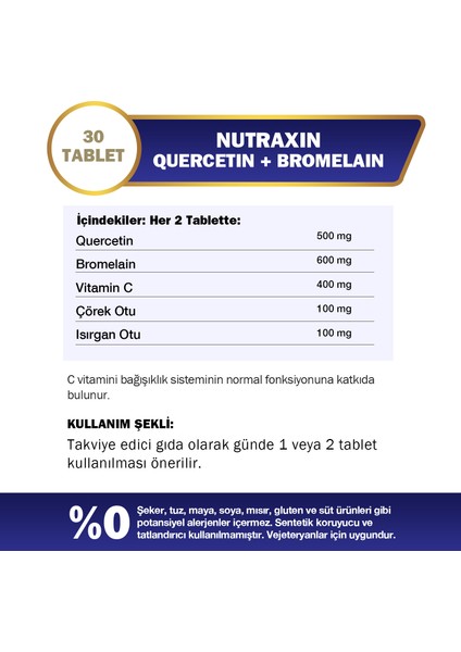 Quercetin + Bromelain Takviye Edici Gıda - 30 Tablet, Vitamin C, Çörek Otu ve Isırgan Otu İçerir, Türkiye Menşeli fiyatları