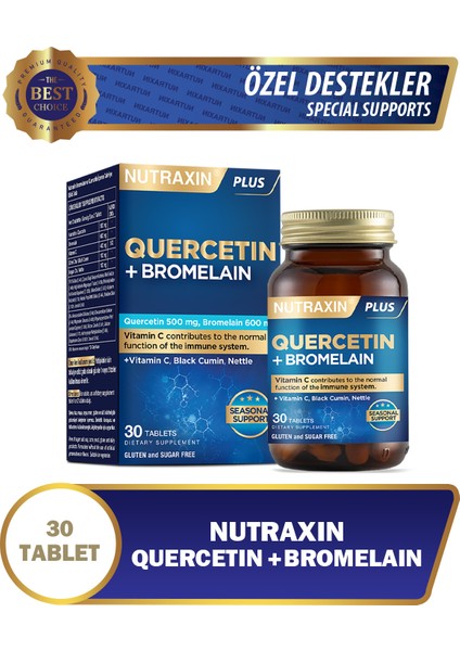 Quercetin + Bromelain Takviye Edici Gıda - 30 Tablet, Vitamin C, Çörek Otu ve Isırgan Otu İçerir, Türkiye Menşeli modelleri