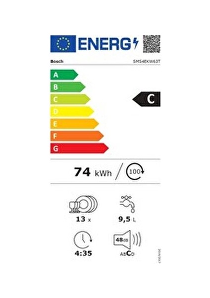 SMS4EKW63T 6 Programlı Bulaşık Makinesi 13 Kişilik Enerji Sınıfı C ve 48 dB Ses Seviyesi