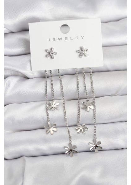 Papatya Model Gümüş Renk Pirinç Sallantılı Kadın Küpe - TJ-BKP11466