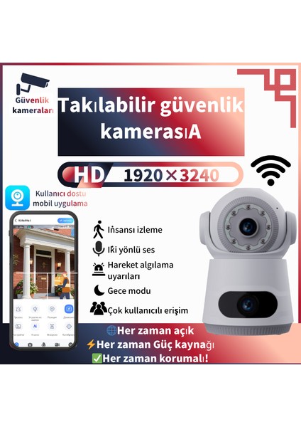 Akıllı Bebek Gözetici & Ev Güvenliği: 6mp Çift Lens 360° Wifi Ptz Kamera - Hareket/ses Algılama, Gece Görüş, Iki Yönlü Ses, IP66, 7/24