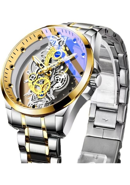 Çift Taraflı Şeffaf Içi Boş Otomatik Mekanik Saat Erkek Saati Su Geçirmez Işıklı Kuvars (Yurt Dışından)