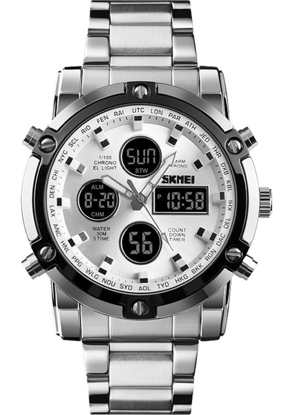 Erkekler Için Çok Işlevli Saat Çelik Kayışlı Çift Hareketli Erkek Saati Büyük Kadranlı Su Geçirmez (Yurt Dışından)