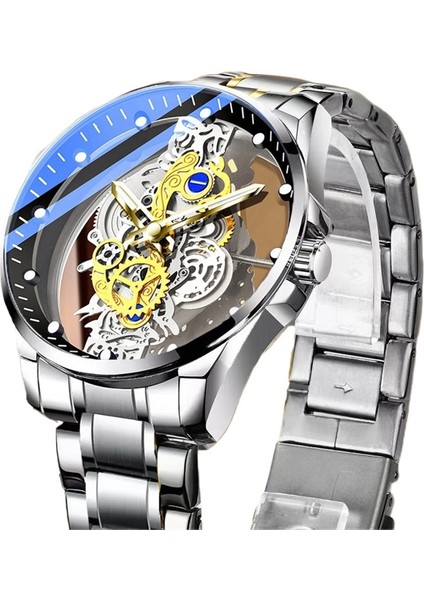 Çift Taraflı Şeffaf Içi Boş Otomatik Mekanik Saat Erkek Saati Su Geçirmez Işıklı Kuvars (Yurt Dışından)