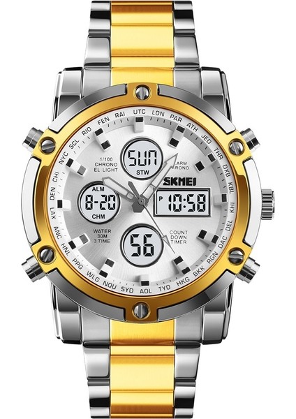 Erkekler Için Çok Işlevli Saat Çelik Kayışlı Çift Hareketli Erkek Saati Büyük Kadranlı Su Geçirmez (Yurt Dışından)