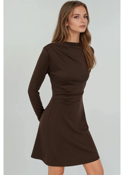 Kadın Yuvarlak Yakalı Drapeli Mini Elbise Kestane Kahvesi fiyatları