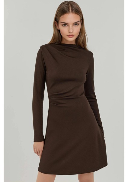 Kadın Yuvarlak Yakalı Drapeli Mini Elbise Kestane Kahvesi indirimleri