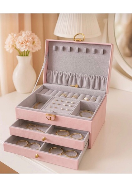 Takı Mücevher Kutusu 3 Katlı 2 Çekmeceli Organizer Düzenleyici Kilitlenebilir Suni Deri Takı Kutusu Pembe