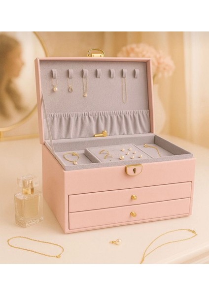 Takı Mücevher Kutusu 3 Katlı 2 Çekmeceli Organizer Düzenleyici Kilitlenebilir Suni Deri Takı Kutusu Pembe fiyatları