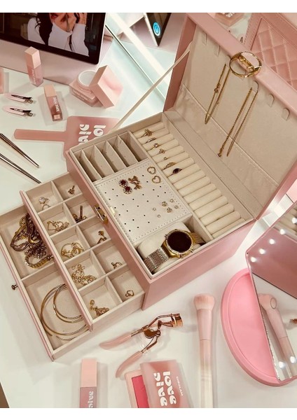 Takı Mücevher Kutusu 3 Katlı 2 Çekmeceli Organizer Düzenleyici Kilitlenebilir Suni Deri Takı Kutusu Pembe modelleri