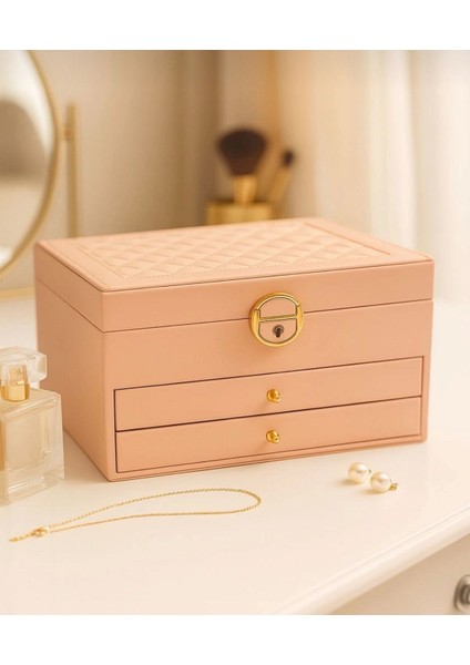 Takı Mücevher Kutusu 3 Katlı 2 Çekmeceli Organizer Düzenleyici Kilitlenebilir Suni Deri Takı Kutusu Pembe fırsatları