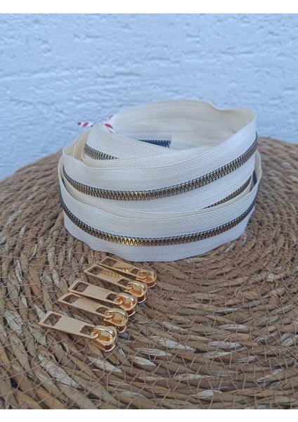 Krem T6 Altın Diş Kemik Fermuar Altın Başlık - 5 Metre Fermuar - 5 Adet Başlık